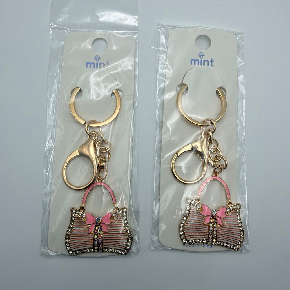 Mint Pink Purse Keychain Bag Charms Set of 2 Bow Rhinestone Gold Tone NEW